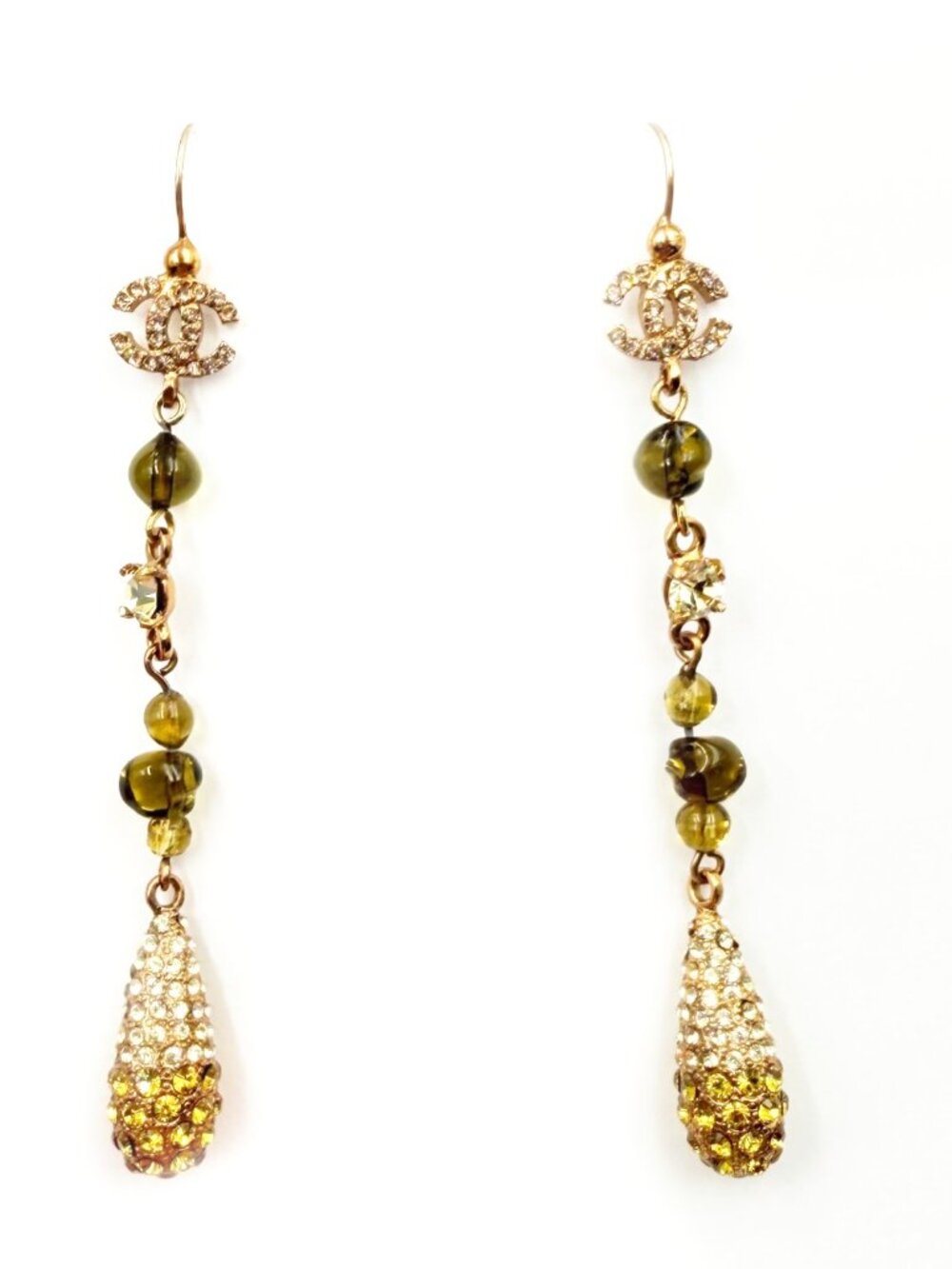 Chanel Vintage Gold Plated CC Golden Brown Gemstone Tear Drop Long Earrings